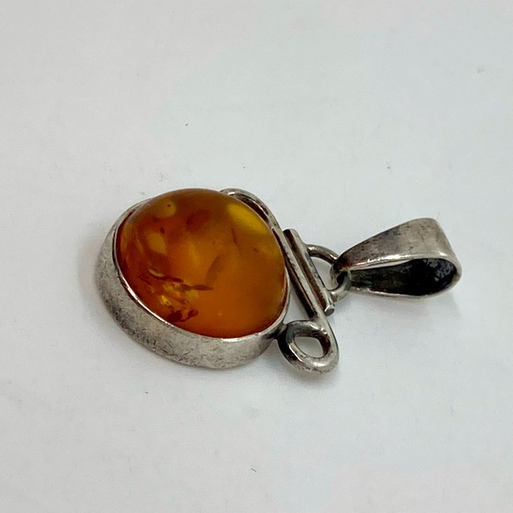 Vtg Sterling & Amber Cabochon Modernist Abstract Pendant 925 Silver | 1.4” x .9” - Picture 3 of 12